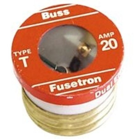 EATON BUSSMANN Plug Fuse, T Series, Time-Delay, 20A, 125V AC, Indicating, 10kA at 125V AC T-20